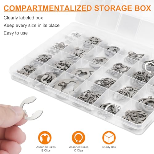 312Pcs Retaining Ring Kit with E-Clips (2.0-15mm) & C-Clips (M7-18) 304 SS | 24 Sizes Snap Rings And Circlips for DIY & Repair. E-Clips & External C-Clips. 304 Stainless Steel - size: 304 Stainless Steel-312PCS