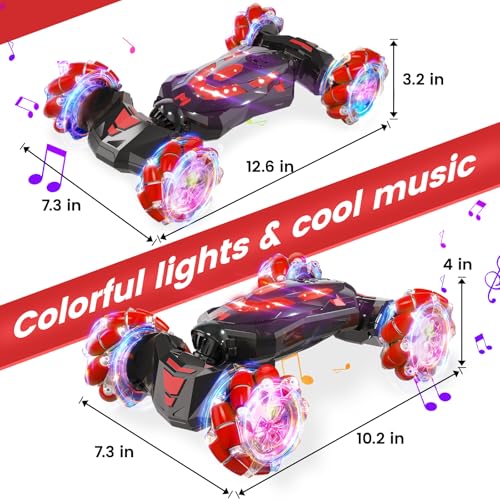 Gesture Sensing RC Stunt Car,Remote Control Car Toys for Ages 4-12 | Drift cars with Lights Music ,4WD 360° Spins All Terrains Kids Toys RC Cars, Best Birthday Gift for 4-12 Kids - color: Red