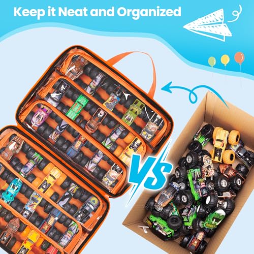 Monster Trucks Carrying Case Fit 34 1:64 Scale Toy Cars, Navy-Orange | Compatible with Monster Jam Trucks, Home Storage & Travel Use, Large Capacity, on the go Carry Bag, Empty Bag - color: Navy-Orange
