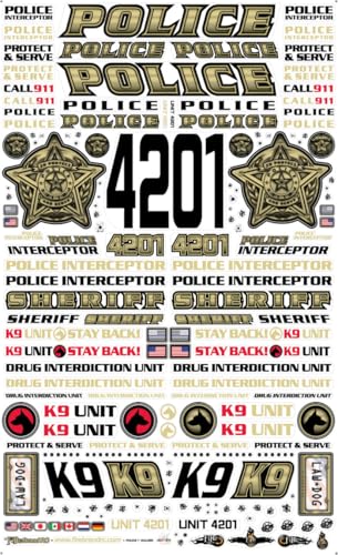 FIRE BRAND RC® Police RC Decals (Golden) Multi-Fit™ Vinyl Decal Sheet (8.5″ x 14″) – for 1:10 Scale RC Vehicles, Solvent and Metallic Inks, Die-Cut, Easy Peel-and-Stick