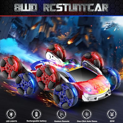 OSIMILY 8WD Remote Control Car,2.4GHz Gesture Sensing RC Stunt Car,Cool Spray Rotation RC Car with Lights and Music,All Terrain Toys for Kids Ages 7 Birthday Gifts for Boys Girls(Red)