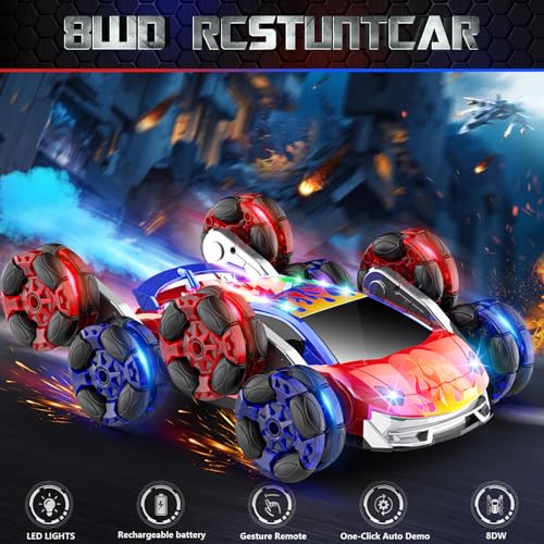 OSIMILY 8WD Remote Control Car,2.4GHz Gesture Sensing RC Stunt Car,Cool Spray Rotation RC Car with Lights and Music,All Terrain Toys for Kids Ages 7 Birthday Gifts for Boys Girls(Red)