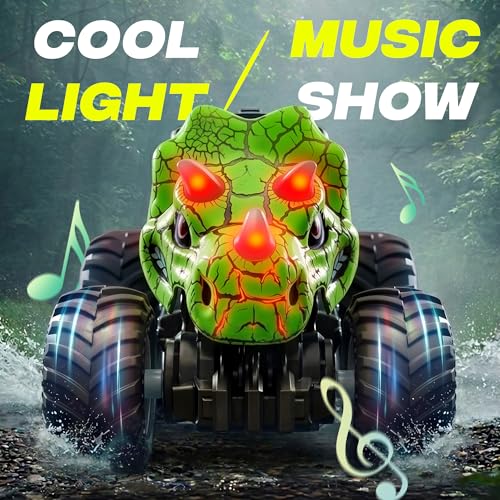 BEZGAR Monster Truck Toys, RC Cars with Mist Spray & Light, Two Batteries | Green Dinosaur Toys, 360° Stunt Spins RC Truck with Music, 4WD Remote Control Car for Boys 4-7, 40+ Mins Battery Life - color: Green
