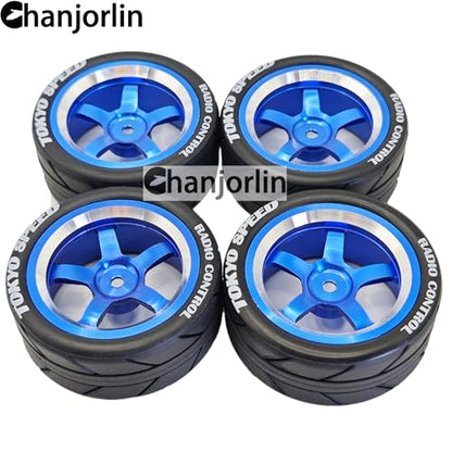 1/10 On Road Racing Tires And 5-Spoke Aluminum Wheels 12mm Hex OD 2.56" RC Touring Tyres For 1:10 Rally Street Drift Car Tamiya TT01 TT02 XV01 A959 PTG2 KYOSHO HSP Traxxas 4PCS (Blue) - color: Blue
