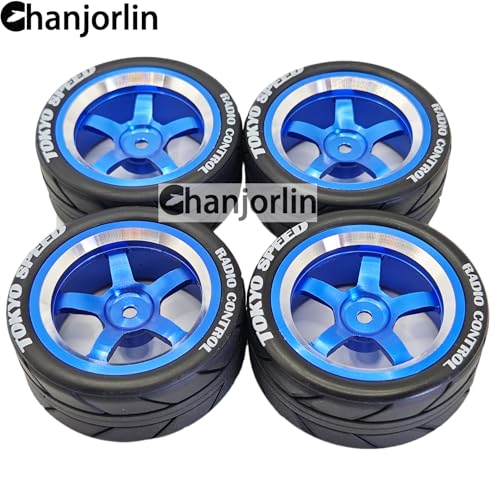 1/10 On Road Racing Tires And 5-Spoke Aluminum Wheels 12mm Hex OD 2.56" RC Touring Tyres For 1:10 Rally Street Drift Car Tamiya TT01 TT02 XV01 A959 PTG2 KYOSHO HSP Traxxas 4PCS (Blue) - color: Blue