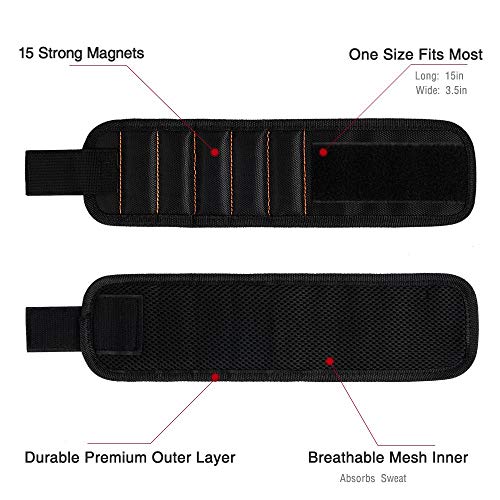 GOOACC G0010A 2 Pack 15 Magnetic Wristband Holding Screws Nails Drill Bits Gadgets Tools Gift for Men Him Dad DIY Handyman Electrician Husband, 2 Pack - color: Black 2 Pack