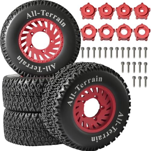 1/10 RC Short Course Truck Tire and Wheel - 12mm/17mm Hex, Red | All-Terrain Tires and Nylon Wheels Compatible with 1/10 Traxxas Slash 4WD 2WD Arrma Senton Axial Losi Redcat RC Buggy, 4-Pack - color: Red
