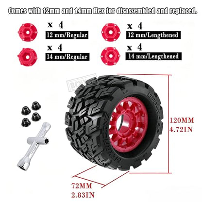 RC Truck Tires Wheel 12mm/14mm Hex for 1/10 Big Rock Granite Vortek/Stampede Rustler Hoss/Axia1/L0s1/Redca t/Rc 4wd,4-Pack RC Wheels Tires,Red - color: Red for 1/10 Arrma