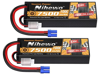 2S RC Car Battery 7.4V 7500mAh 100C Hardcase EC5 for RC Boat 2Packs | 2Packs 7.4V Lipo Battery Hard Case Protects from Impact, EC5 Plug for High-current, for 1/8 1/10 RC Car Truck Boat Tank Drone