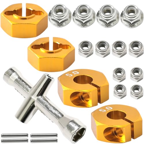 Aluminum 12mm Hex Wheel Hub 4Pcs w/Axle Pin M4 Flange Lock Nut Standard M3 M4 Nut 5mm Thickness Wheel Drive Adapter for 1/10 Traxxas HSP Redcat Rc4wd Tamiya Axial SCX10 WLtoy RC Car(25Pcs) - color: Gold, size: 5.0