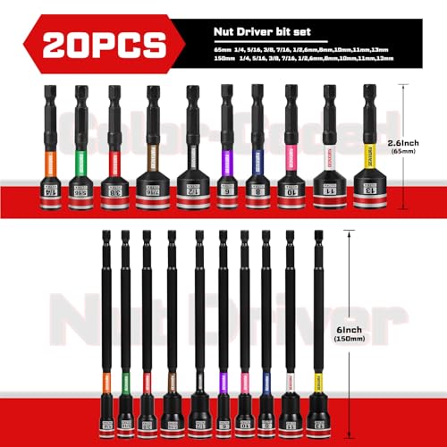 Impact Nut Driver Set, 20 Pieces 2.56”6”Long 6mm/8mm/10mm/ 11mm/13mm 1/4”5/16”3/8”7/16”1/2”6 Point Alloy Steel Magnetic Metric/SAE Nut Setter 1/4 Hex Shank Impact Driver with Case Box - size: 2.56"/6", style: MIXSM-20pcs