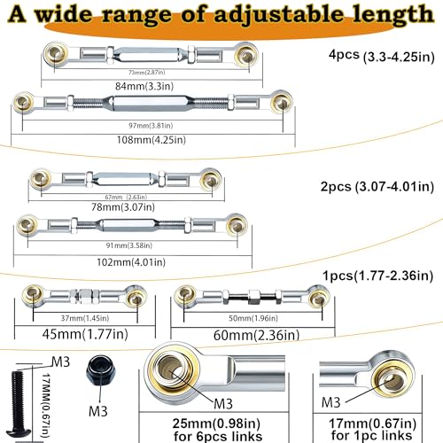 74-112mm Stainless Steel Turnbuckles Fit for Traxxas Rustler 2WD,Silver | Adjustable Camber Links with Spacers & Wrenchs for 1/10 Slash 2WD 4X4,Hoss 4X4,Stampede 4X4,Bandit 2WD Upgrades Parts - color: Silver