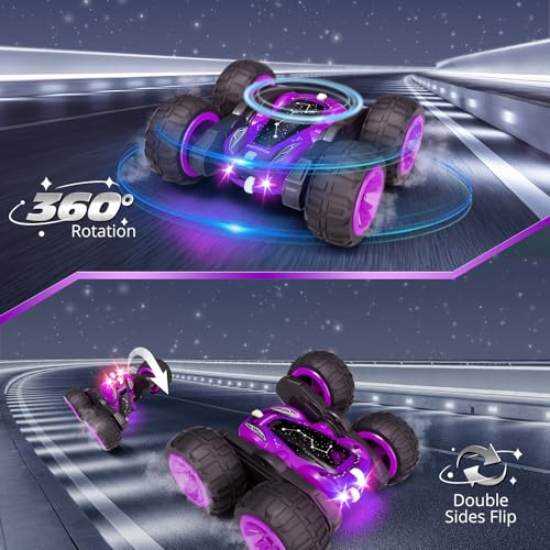 Tecnock Remote Control Car for Kids, 2.4GHz RC Cars with USB-C Easy Charging, 4WD Double Sided 360° Rotates and Flips RC Stunt Car, Toys Gift for Boys and Girls Ages 6-8, 8-12 - color: Purple