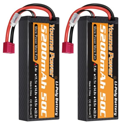 Youme 2S Lipo Battery 7.4V 5200mAh 50C Hard Case 2Packs for RC Cars Trucks | hard case lipo battery 5200mAh 7.4V 50C T-plug high-discharge for 1/8 1/10 cars/trucks/buggies/truggies/heli/planes/drones
