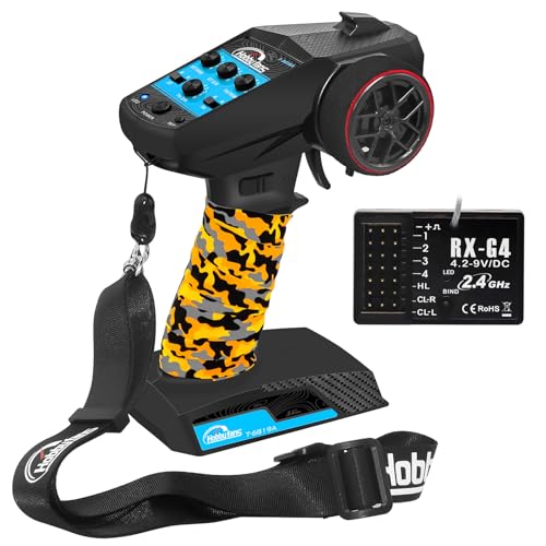 RC Radio System 4CH 2.4G RC Transmitter with Receiver and Lanyard & Sweat Absorbed Non-Slip Band Anti-Jamming Remote Controller for 1/10 1/12 1/14 1/16 1/18 1/24 RC Car Crawler Boat, Blue - color: Blue, W/ Orange Band