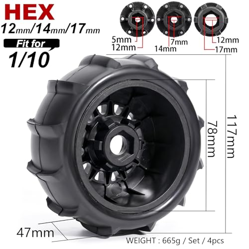 Pre-Glued Sand & Snow Paddle Wheel & Tire Set for 1/10 RC Truck Fits Slash, Arrma Fury/Senton, Tekno SCT410, HSP 94155, 117 x 45.5 mm, 12/14/17 mm Hex, 4 pcs, Black - color: Black