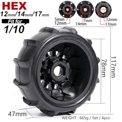 Pre-Glued Sand & Snow Paddle Wheel & Tire Set for 1/10 RC Truck Fits Slash, Arrma Fury/Senton, Tekno SCT410, HSP 94155, 117 x 45.5 mm, 12/14/17 mm Hex, 4 pcs, Black - color: Black