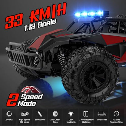BLUEJAY Remote Control Car, 2.4GHz High Speed 33KM/H RC Cars Toys | 1:12 Monster RC Truck Off Road with LED Headlight and Rechargeable Battery Gifts for Adults Boys 8-12 - color: Burgundy Red