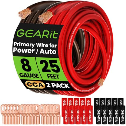GEARit 8 Gauge Amp Wiring Kit CCA 3-in-1, 8 AWG Copper Clad Aluminum Power & Ground Battery Cable, 25 ft Each Black & Red, with 15 Lugs & 20 Heat Shrink for Car Audio - color: 8 Gauge Wire, size: Black/Red 25ft Each + Lugz + Shrink Wrap