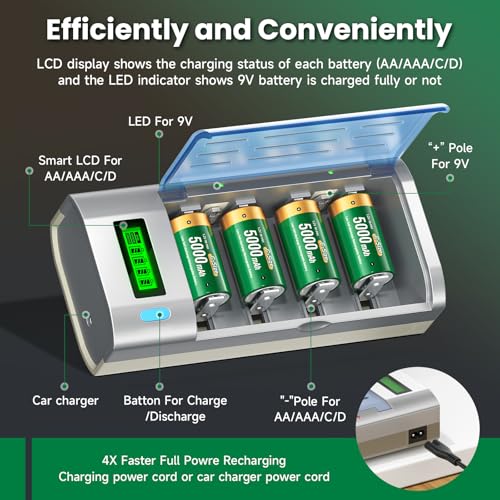 Rechargeable C Batteries with Charger, 6-Pack C Cell Batteries 1.2V NiMH 5000mAh, Universal Battery Charger for C, D, 9V, AA, AAA | Discharge Function | 3 Storage Boxes & Car Charging Cable