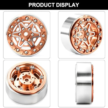 1.3" Pre-Assembled Beadlock Wheels and Tires 64mm (2.52in) for SCX24 TRX4M 1/18 1/24 RC Crawlers – Aluminum Rims, Rubber Tires with Foam Inserts, Easy-Install Upgrade Parts (Gold) - color: Gold 311