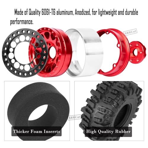 RC 1.9 Beadlock Wheels and Tires for 1/10 SCX10 SCX10 II 90046 SCX10 III AXI03007 SCX10 Pro TRX4 TRX6 Gen7/8 D90 VS4-10 MST CFX RC Crawler Car,Aluminum 1.9 Beadlock Wheel Rims and Tires,Red - color: Red for Axial SCX10
