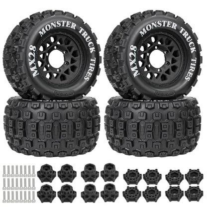 LRFHL MX28 F/R 2.8" RC Monster Truck Tires and Wheels 4PCS, Black | 12mm/14mm Hex Adapter, 1/10 RC Monster Truck, Compatible with Traxxas Stampede Rustler Redcat Arrma Vorteks Big Rock Granite - color: Black Tires+ Black Wheel-10