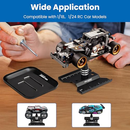 Mini RC Car Work Stand, Tiny Aluminum Stand for 1/18 1/24 Scale Accessories, Black RC Car Tool Kit Repair Holder with 360°Rotation Lift & Screw Tray