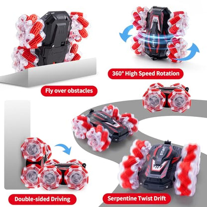 RC Stunt Car, Double-Sided 360° Flips, 4WD Gesture Sensing RC Cars with Cool Lights and Music, for Boys Aged 6-12, Great Birthday Presents, Toy Cars (Red) - color: M-red