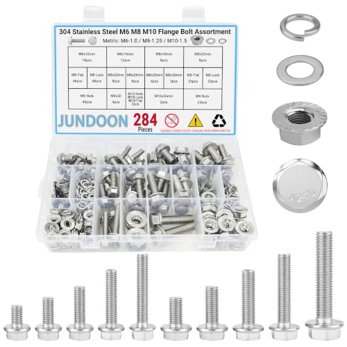284Pcs M6/M8/M10 Flange Bolt Nut Washer Kit | 12-30mm Hex flange screws. Flat & lock washers included. 304SS rust-proof. Ideal for automotive and machinery repair. - color: 284pcs M6 M8 M10