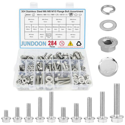 284Pcs M6/M8/M10 Flange Bolt Nut Washer Kit | 12-30mm Hex flange screws. Flat & lock washers included. 304SS rust-proof. Ideal for automotive and machinery repair. - color: 284pcs M6 M8 M10
