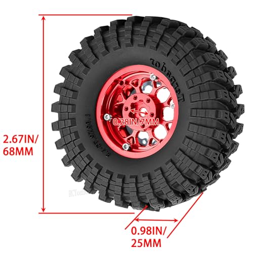 RC 1.3 Beadlock Wheel Tires Set (4PCS) for 1/24 SCX24 1/18 TRX4M RC Crawler Car,Aluminum 1.3 Beadlock Wheels and Tires,Wheel Rim,Red - color: Red- (Rc Wheels Tires)
