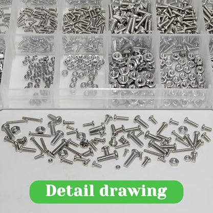 1150Pcs 304 Stainless Steel Metric Micro Screws Nuts Assortment, M1 M1.2 M1.4 M1.6 M1.7 M2 M2.5 M3 Sizes, Phillips Pan Head, Fully Threaded Kit for Arduino, RC Models, Electronics, DIY Projects - size: M1/1.2/1.4/1.6/1.7/2/2.5/3-1150Pcs