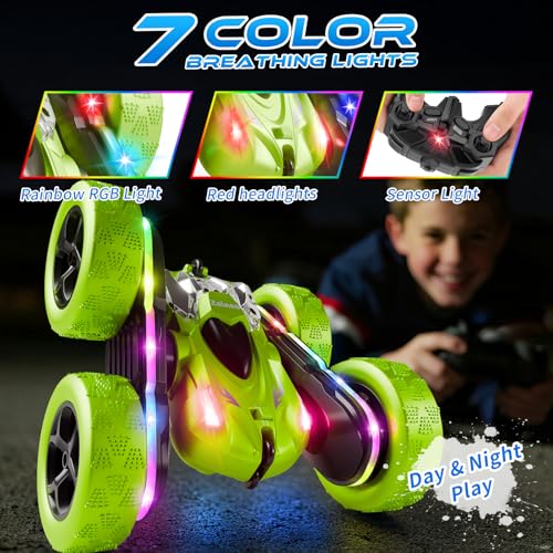 Remote Control Stunt Car – 4WD 360° Flip Double‑Sided RC Car LED Light Bar & Modular USB‑C Battery, 2.4 GHz Off‑Road Toy, Birthday for Boys Girls Ages 6‑12, Green - color: Green
