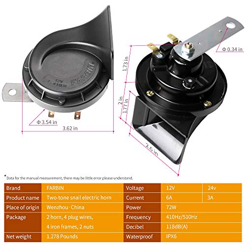 FARBIN Train Horn for Truck Car Horns Waterproof Auto Horn Electric Horn | 4Pcs, black classic design, waterproof, 12V 130dB loud, universal for any 12V vehicles - style: Two pairs of horn