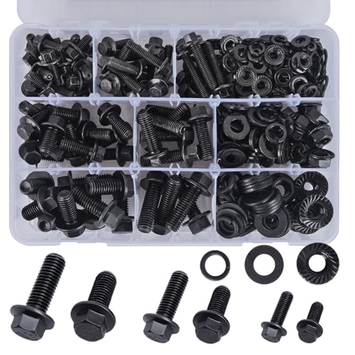 Flange Bolts Assortment Kit, M6 x 1.0, M8 x 1.25 M10 x 1.0 Flange Bolts Flange Nuts Assorted Bolts Metric Full Coarse Thread Nuts and Washers, Alloy Steel
