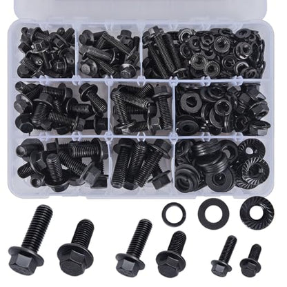 Flange Bolts Assortment Kit, M6 x 1.0, M8 x 1.25 M10 x 1.0 Flange Bolts Flange Nuts Assorted Bolts Metric Full Coarse Thread Nuts and Washers, Alloy Steel