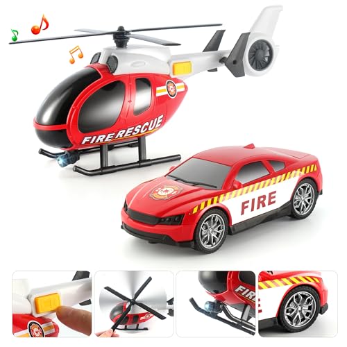 Dwi Dowellin 25.6" Semi Truck Toy with Racing Car and Helicopter for Kids Toddlers - Fire Toys,Birthday Gifts for Boy Toddler Child 2 3 4 5 6 Years Old - style: Fire Truck