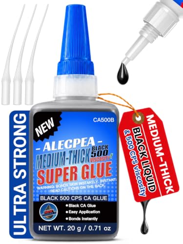 20g Black CA Glue, Medium 500CPS Cyanoacrylate Super Glue | Medium-viscosity cyanoacrylate fills 0.008-inch gaps; bonds wood, metal, leather, ceramic, plastic, rubber; sets in 40-60s