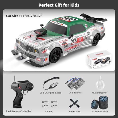 RC Drift Car 2.4GHz 1:16 Scale 4WD High Speed Remote Control Cars Vehicle with LED Lights Two Batteries and Drifting Tires Racing Sport Toy Cars for Adults Boys Girls Kids - color: Green