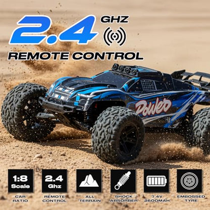 1:8 Scale RC Monster Truck, 50KM/H High Speed Off Road Racing Car | 2.4GHz Remote Control Climbing Vehicle with LED Lights, Dual 2600mAh Rechargeable Batteries, All Terrain Drift Truck