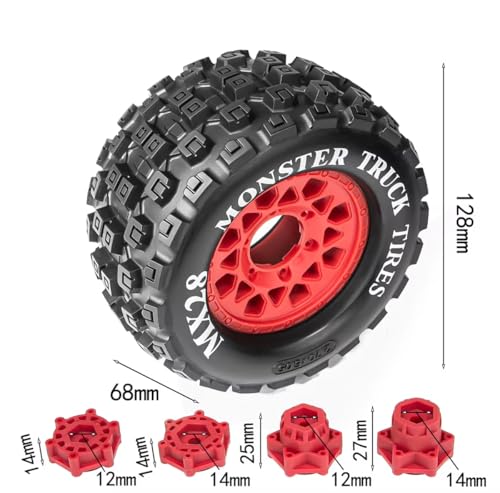 MX28 2.8" Tires and Wheels with 12mm/14mm Hex Upgrade Parts for 1/10 ARRMA Big Rock, Granite, VORTEKS 3S and Stampede, Rustler, Hoss RC Trucks 4pcs/Set(Red)
