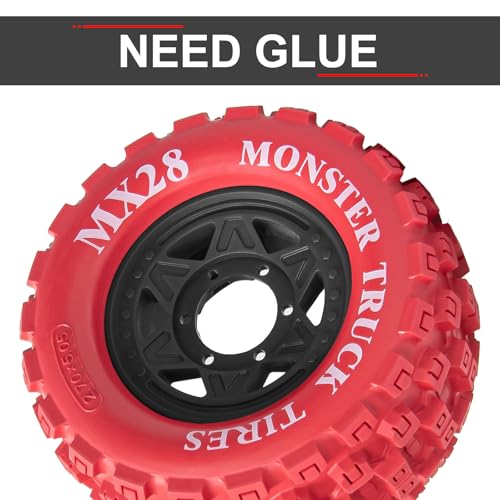 LRFHL MX28 F/R 2.8" RC Monster Truck Tires and Wheels 4PCS, Red | 12mm/14mm Hex Adapter, 1/10 RC Monster Truck, Compatible with Traxxas Stampede Rustler Redcat Arrma Vorteks Big Rock Granite - color: Red Tires+ Black Hex Wheel-1