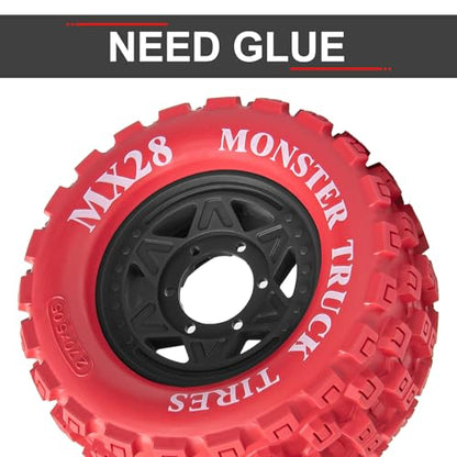 LRFHL MX28 F/R 2.8" RC Monster Truck Tires and Wheels 4PCS, Red | 12mm/14mm Hex Adapter, 1/10 RC Monster Truck, Compatible with Traxxas Stampede Rustler Redcat Arrma Vorteks Big Rock Granite - color: Red Tires+ Black Hex Wheel-1