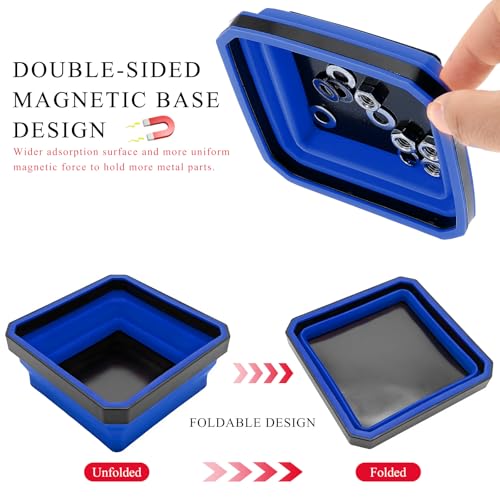 Collapsible Magnetic Parts Tray, 4.5" Square Silicone Tool Tray with Dual-Sided Magnetic Base, Foldable Small Metal Parts Organizer Storage Bowl for Screws Bolts Nuts Washers (Blue) - color: Blue
