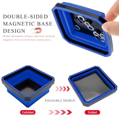 Collapsible Magnetic Parts Tray, 4.5" Square Silicone Tool Tray with Dual-Sided Magnetic Base, Foldable Small Metal Parts Organizer Storage Bowl for Screws Bolts Nuts Washers (Blue) - color: Blue