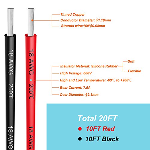 Electrical Wire 18 AWG 18 Gauge Silicone Wire Hook Up Wire Cable 20 Feet [10 ft Black and 10 ft Red] - Soft and Flexible 150 Strands 0.08mm of Tinned Copper Wire High Temperature Resistance - size: 2 Colors each 10FT, style: 18AWG