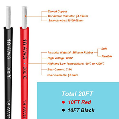 Electrical Wire 18 AWG 18 Gauge Silicone Wire Hook Up Wire Cable 20 Feet [10 ft Black and 10 ft Red] - Soft and Flexible 150 Strands 0.08mm of Tinned Copper Wire High Temperature Resistance - size: 2 Colors each 10FT, style: 18AWG