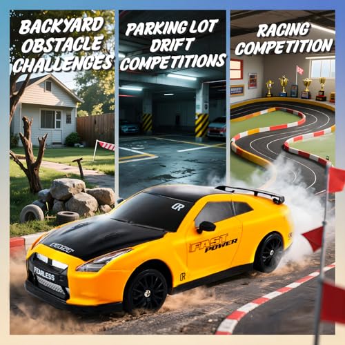 SANCO 1:24 RC Drift Car with LED Lights, 2.4GHz Remote Control Car, Includes 2 Batteries & 2 Sets of Tires for Racing & Drifting, Electric Hobby Racing Toy for Adults, Boys & Kids(Yellow)