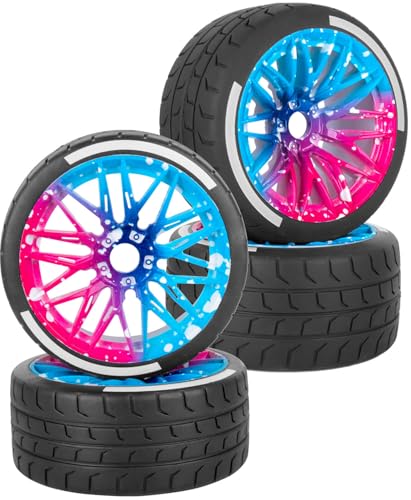 RC Wheels and Tires for 1/7 Felony 6S BLX,RC Highway Wheel Rubber Tires,4PCS RC Drift Car Highway Tires Road Soft Tires,Blue Pink - color: Blue Pink - (4pcs Highwaytires)